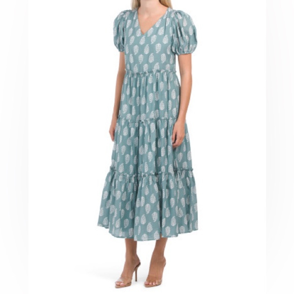 Lucky Brand Teal Green Puff Sleeve Tiered Maxi Dress XS